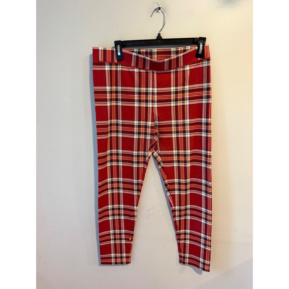 American Eagle Women Red Plaid Tartan Leggings High Waisted Size L